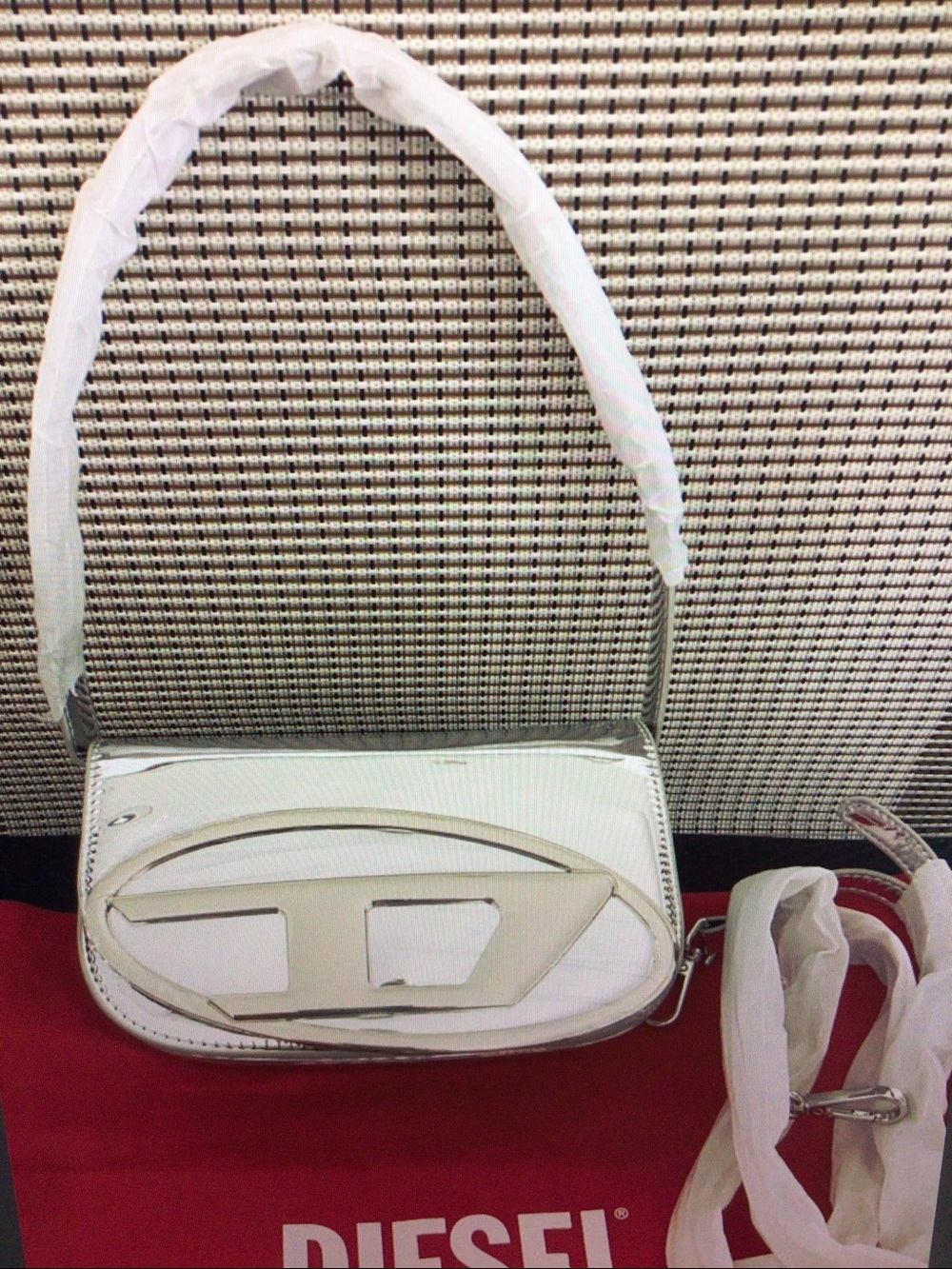 Diesel Silver Mirror Leather Shoulder Bag with Logo Charm